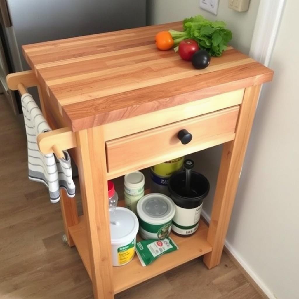Kitchen cart with butcher block top being used for food preparation