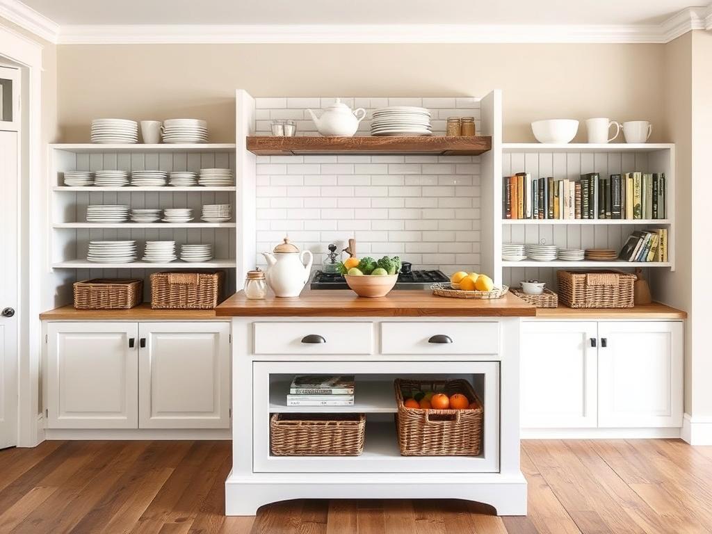 Kitchen island with open shelving for accessible storage