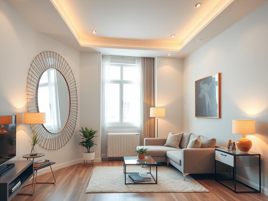 Large mirror and layered lighting in small living room decor