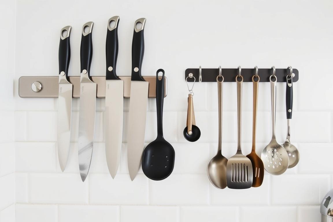 Magnetic knife strip and wall-mounted utensil rail in a small kitchen