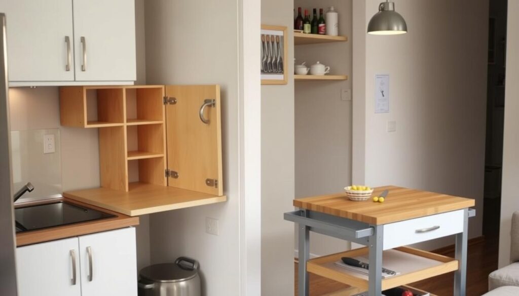 Multi-functional kitchen furniture including fold-down table and kitchen cart