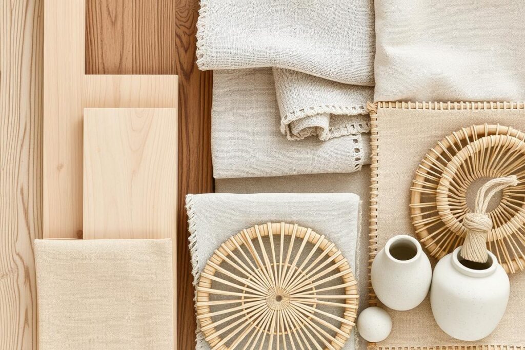 Natural materials used in japandi bedroom design including wood, linen, and rattan