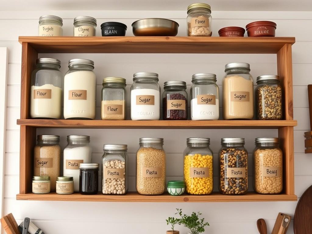 Open shelving with organized mason jars for dry goods storage