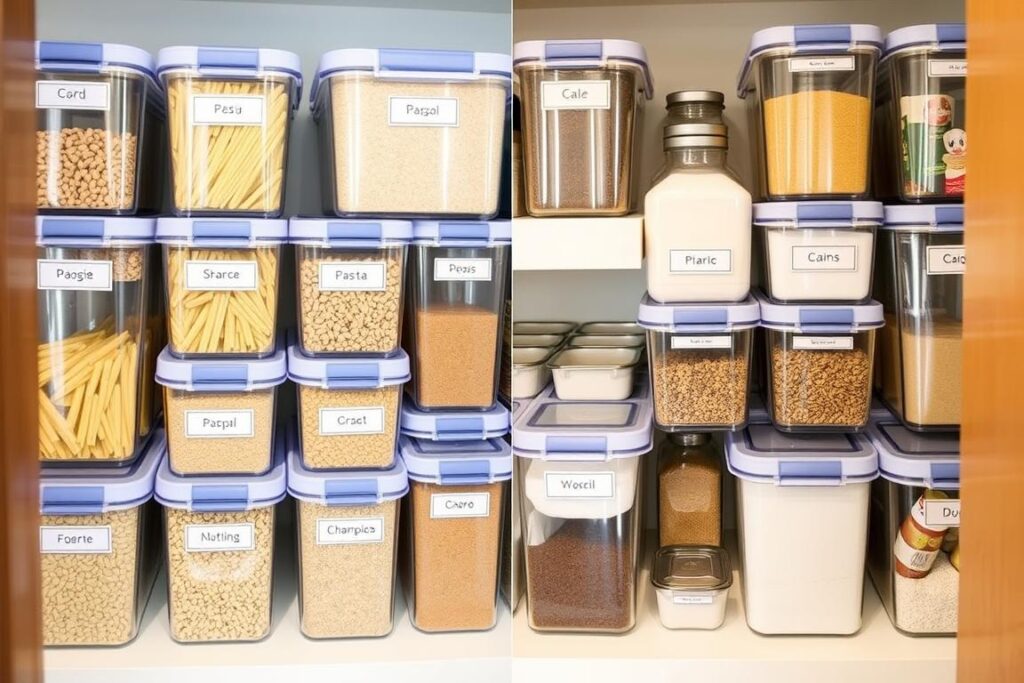 Organized pantry area in a small kitchen with clear containers and labels