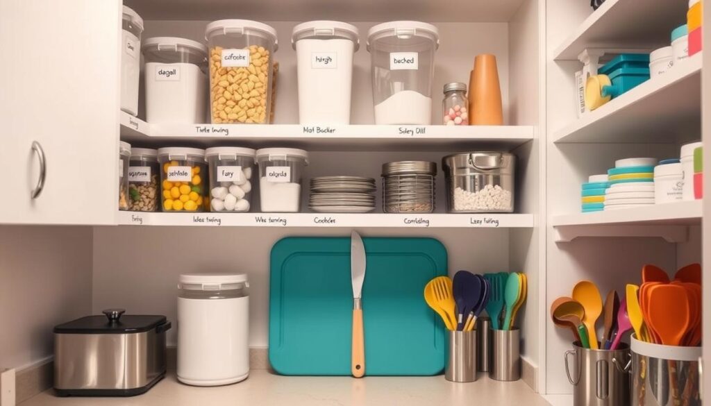 Organized small kitchen with labeled containers and color-coded systems