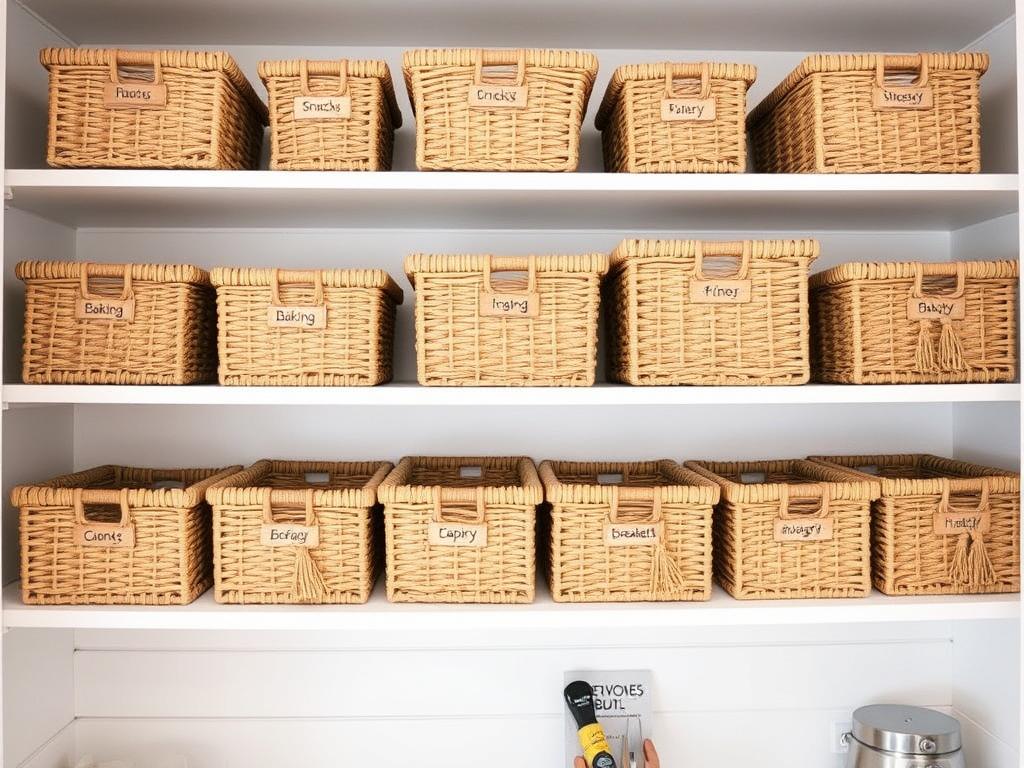 Pantry shelves with woven baskets for categorized storage