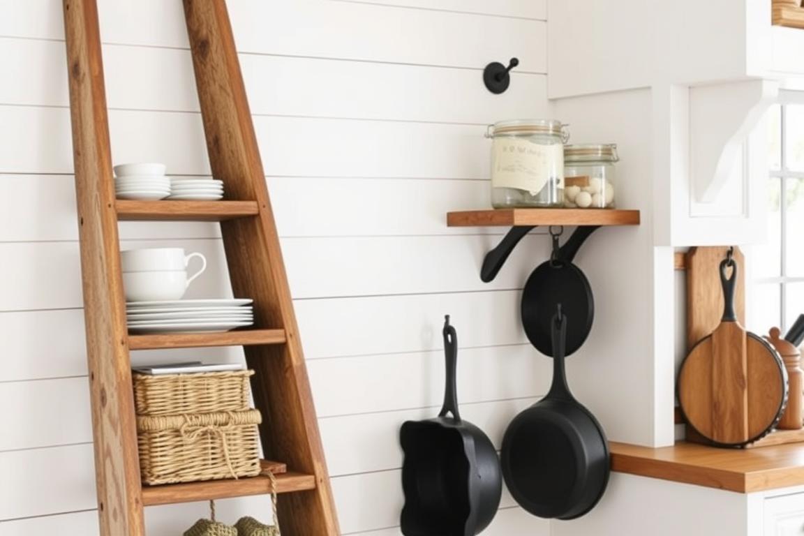 Repurposed wooden ladder used as vertical kitchen storage