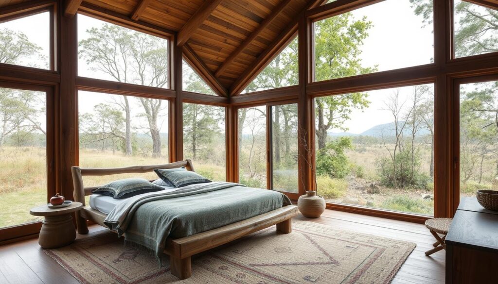 Rural home japandi bedroom that embraces natural surroundings and materials