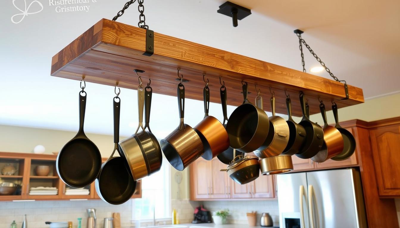 Rustic hanging pot rack with cast iron cookware