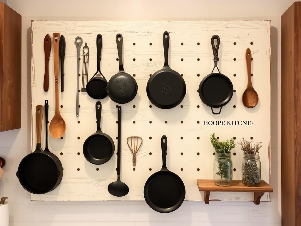 Rustic wooden pegboard with hanging kitchen utensils and small shelves