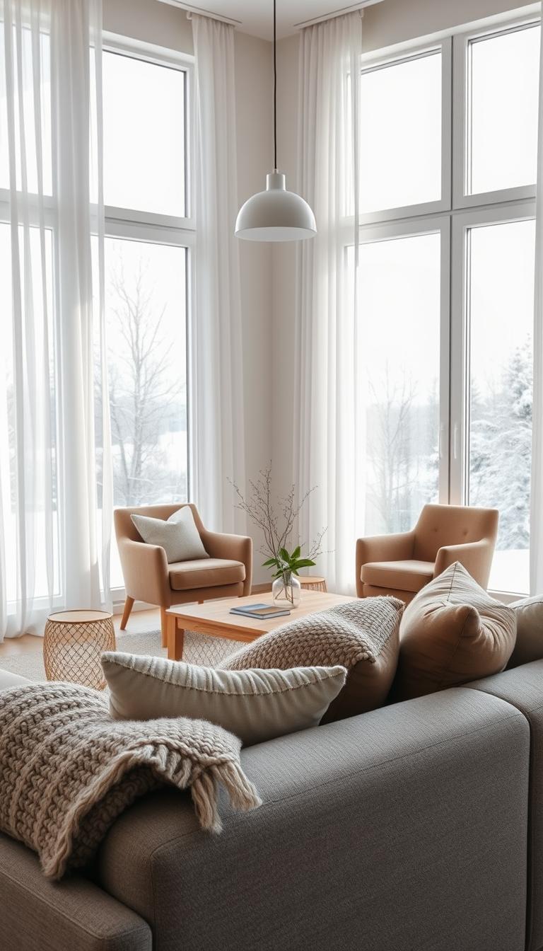 Scandinavian living room with cozy textiles