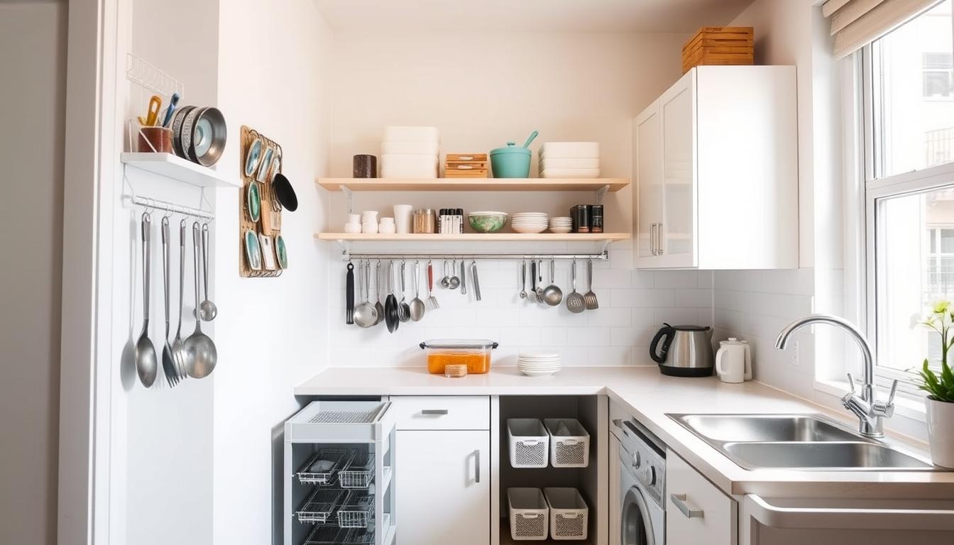 Small apartment kitchen with various storage solutions implemented