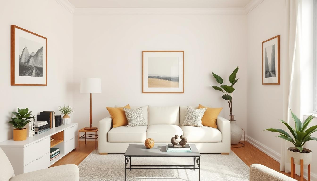 Small living room with cohesive color scheme and curated accessories