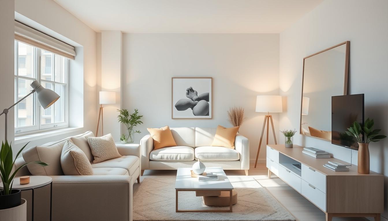 Small living room with light neutral color scheme making space feel larger