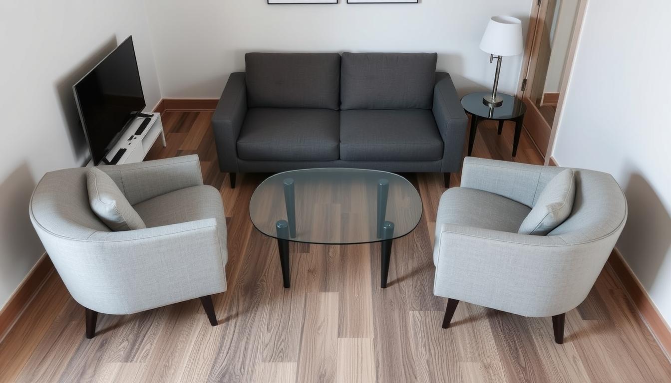 Small living room with strategically placed furniture to maximize space
