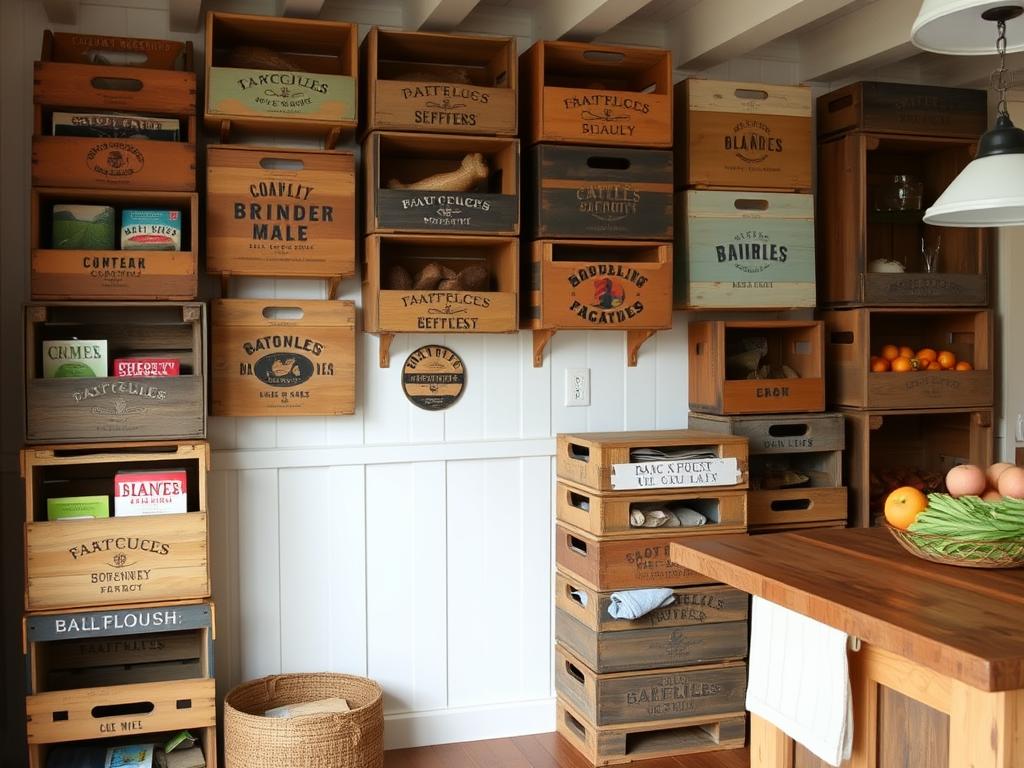 Stacked wooden crates used for kitchen storage