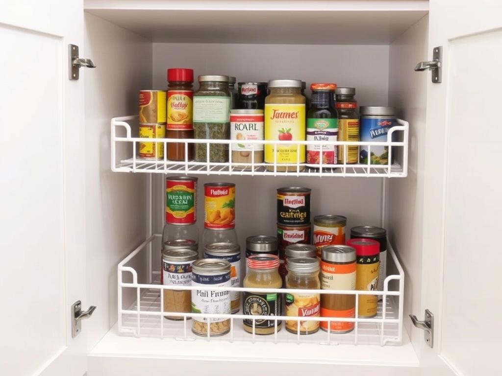 Tiered shelf organizer inside a kitchen cabinet