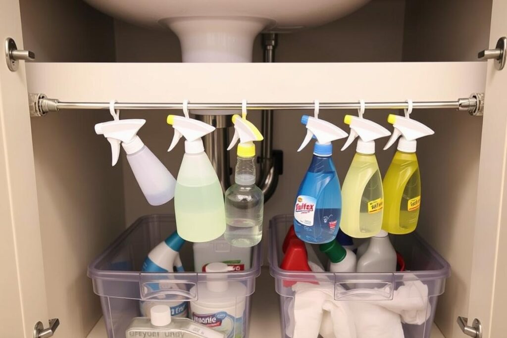 Under-sink organization with tension rod holding spray bottles