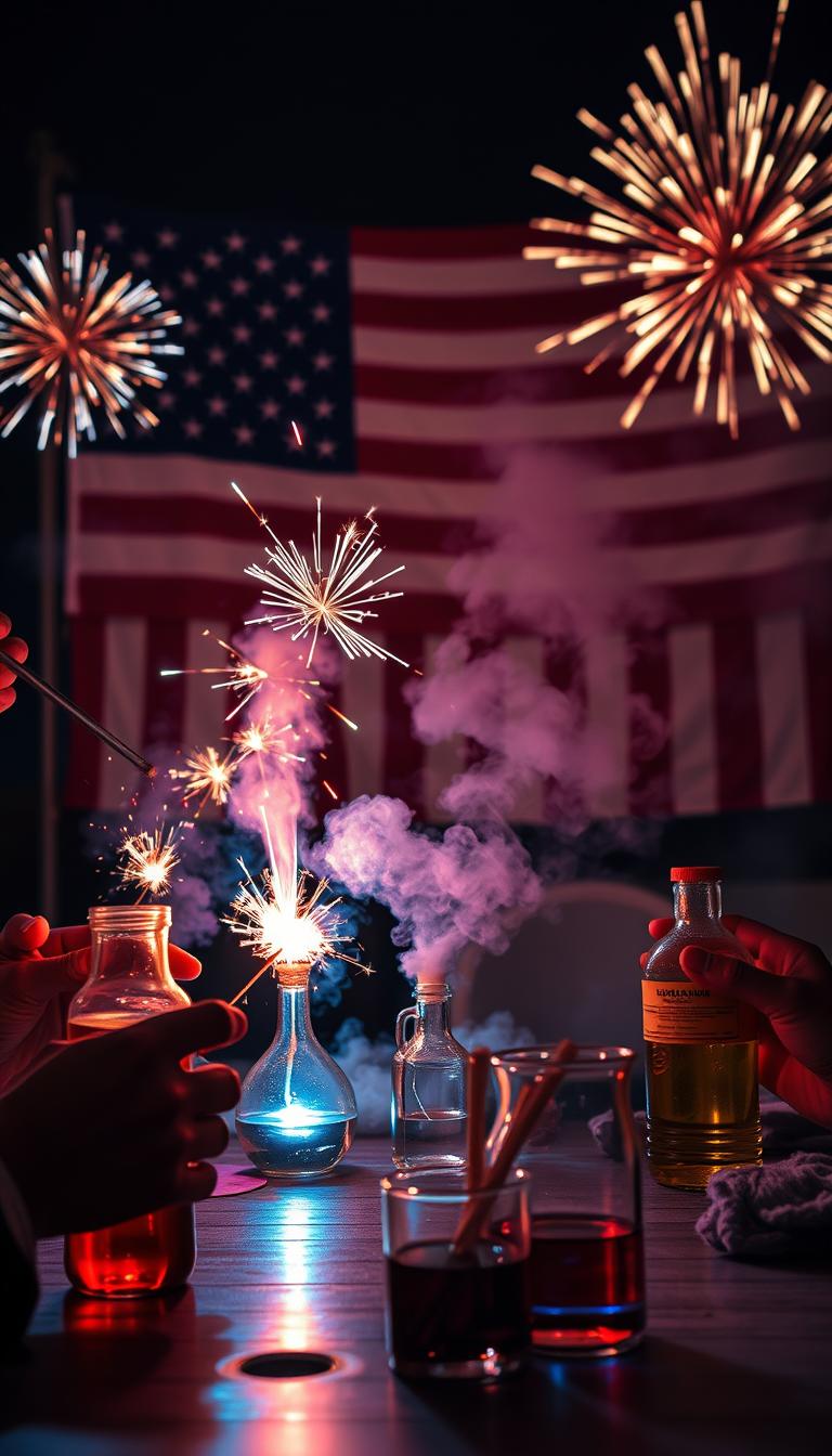Vibrant 4th of July science experiments against a patriotic backdrop. Brilliant sparklers illuminating a middle-ground display of colorful chemical reactions, smoke, and small explosions. In the foreground, hands mixing solutions and igniting fuses. Dramatic lighting from the experiments casts dramatic shadows across the scene. In the background, an American flag waves gently, with fireworks bursting in the night sky. Cinematic, high-contrast, photorealistic.