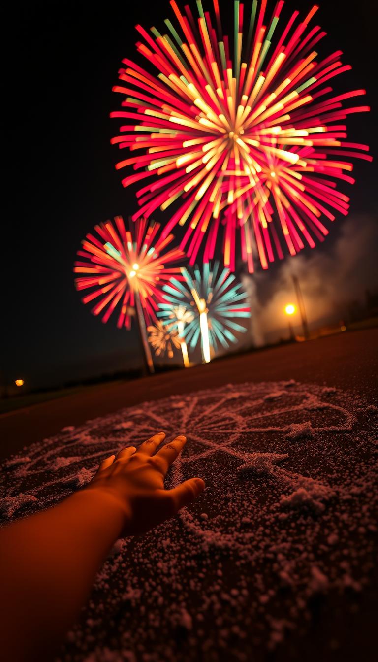 Vibrant fireworks bursting with a kaleidoscope of colors against a night sky, illuminated by the warm glow of a setting sun. In the foreground, a young child's hand carefully applies patterns of coarse salt onto a dark background, creating a mesmerizing effect of sparkling stars and swirling trails. The scene is captured with a wide-angle lens, giving a sense of depth and wonder, as if the viewer is standing alongside the child, watching the ephemeral masterpiece unfold. The soft, diffused lighting casts a dreamlike atmosphere, evoking the joy and excitement of a 4th of July celebration.