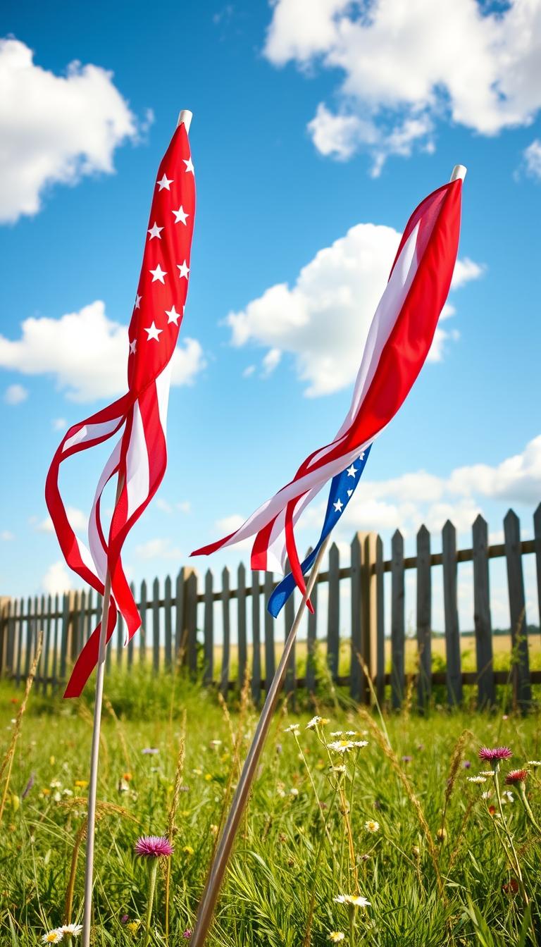 Vibrant red, white, and blue patriotic windsocks blowing gently in a warm summer breeze, set against a clear blue sky with fluffy white clouds. The windsocks are positioned in the foreground, crafted from durable fabric and adorned with stars and stripes. In the middle ground, a grassy field dotted with wildflowers leads the eye to a picturesque wooden fence in the background. The scene is illuminated by natural, diffused sunlight, creating a soft, inviting atmosphere perfect for an outdoor 4th of July celebration. The windsocks sway gracefully, evoking a sense of American pride and festive holiday spirit.