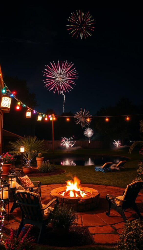 Vivid nighttime landscape of a cozy backyard on 4th of July, decorated with festive lights and sparkling fireworks in the sky. Colorful string lights draped across the patio, illuminating a gathering of friends and family around a crackling fire pit. Glowing lanterns and twinkling fairy lights casting a warm glow over the scene. In the distance, bursts of red, white, and blue fireworks exploding across the night sky, reflecting in a calm pond. The atmosphere is lively and celebratory, capturing the spirit of Independence Day.
