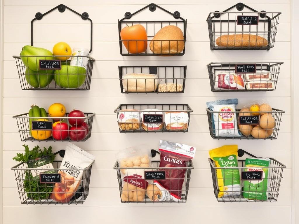 Wire basket storage system on farmhouse kitchen wall