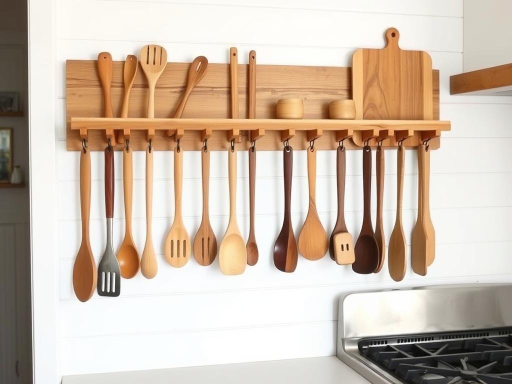 Wooden utensil hanging rack with farmhouse kitchen tools