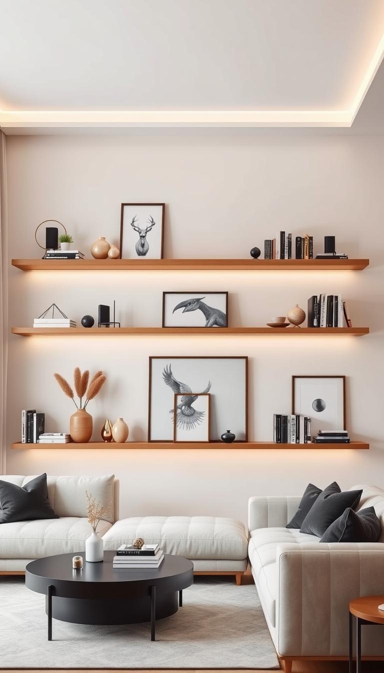 floating shelves living room wall