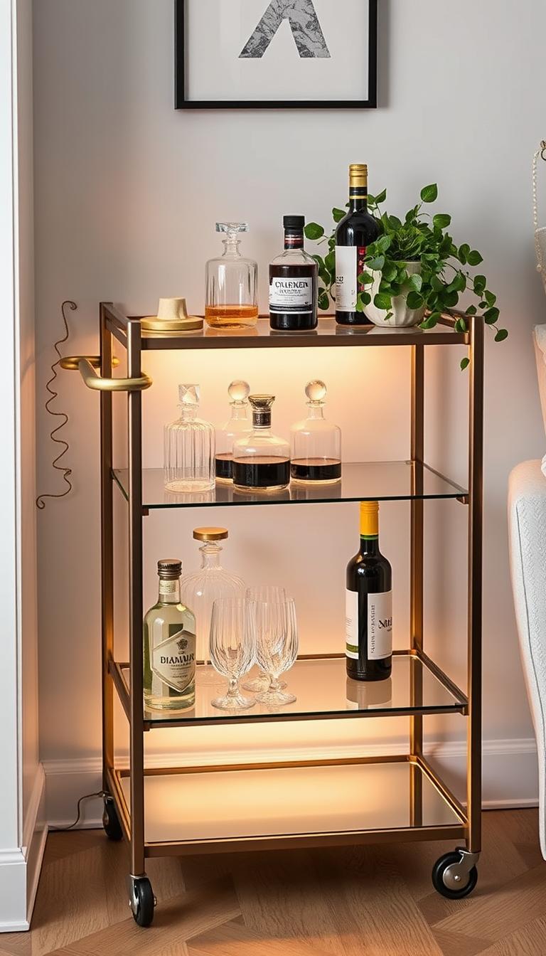 A chic, compact rolling bar cart designed for small living spaces. The sleek metal frame has a minimalist silhouette, with two tempered glass shelves that display your favorite bottles and glassware. Warm industrial-style lighting casts a soft glow, complementing the muted color palette of the cart. Smooth-rolling casters allow for easy mobility, while the cart's narrow profile tucks neatly into nooks and crannies. Subtle brass accents add a touch of elegance, perfectly suited for a modern apartment or cozy home. Artfully styled with lush greenery, crystal decanters, and a few select barware pieces, creating an inviting and sophisticated bar setup in even the most compact of quarters.
