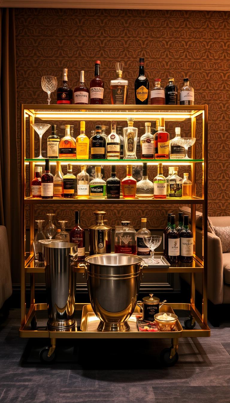 A luxurious bar cart with a gleaming brass frame and tempered glass shelves, backlit by soft, warm lighting. The cart is adorned with an array of premium liquor bottles, crystal decanters, and elegant glassware, all arranged with meticulous care. In the middle ground, a polished silver ice bucket and a tray of artisanal cocktail garnishes, while the background features a sophisticated, dimly lit room with rich, textured wallpaper and a hint of plush, velvet furnishings. The scene conveys an atmosphere of refined opulence, perfect for upscale entertaining.