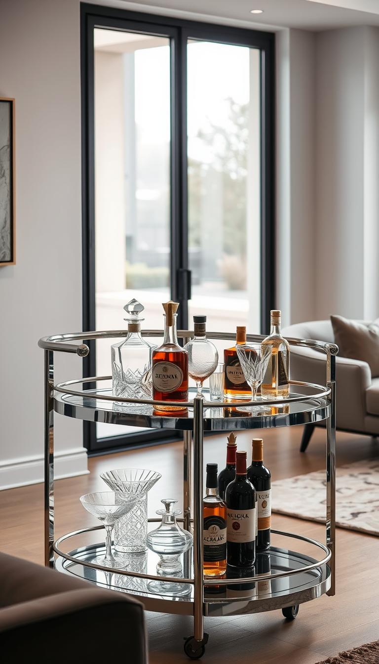 A modern, sleek bar cart made of polished stainless steel, with a mirrored glass top reflecting the warm glow of task lighting above. On the shelves, a collection of crystal decanters, premium glassware, and artisanal cocktail mixers in earthy tones. The cart is positioned in a chic, minimalist living space, with a large window allowing natural light to filter in, casting a soft, diffused illumination across the scene. The overall atmosphere exudes sophistication and attention to detail, perfect for entertaining discerning guests.