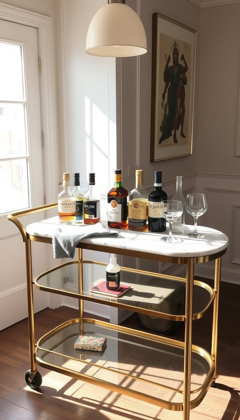 A pristine marble-topped bar cart stands in a sun-dappled room, its brass hardware gleaming. Atop the cart, a selection of premium liquor bottles and crystal glassware are neatly arranged. A soft microfiber cloth lies ready to gently wipe down the surfaces, while a small jar of furniture polish and a polishing cloth await their turn. Overhead, a warm, focused light illuminates the scene, casting a refined, sophisticated ambiance. The cart's sleek, elegant lines and impeccable condition convey the owner's dedication to maintaining this prized entertaining centerpiece.