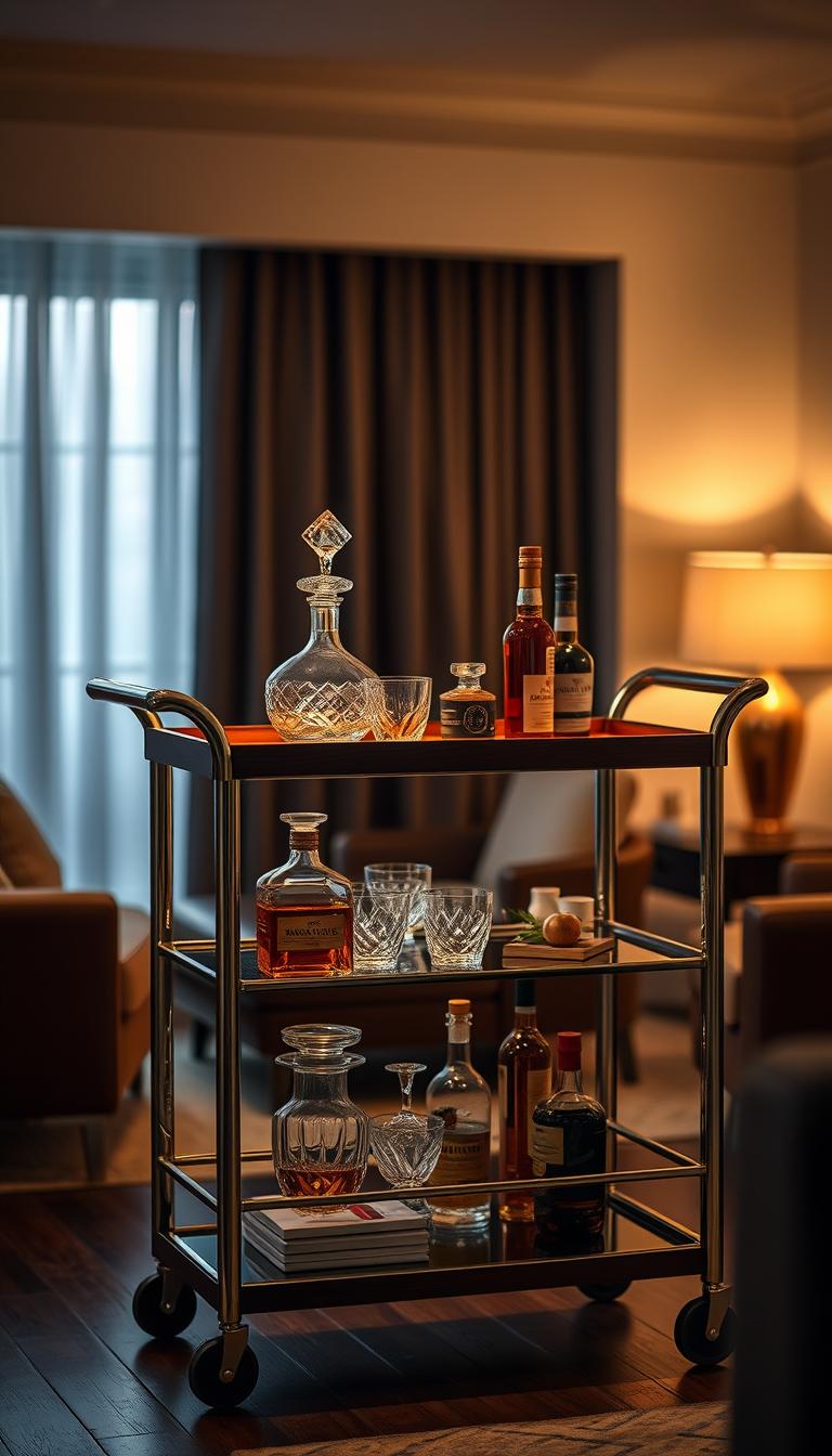 A stylish bar cart with a sleek, modern design stands in a cozy, dimly lit living room. The cart is made of rich, dark wood and polished metal, with clean lines and minimal ornamentation. On the shelves, crystal decanters, tumblers, and a selection of premium liquors are artfully arranged, casting a warm, amber glow under the soft, diffused lighting. The background is blurred, creating a sense of depth and focus on the bar cart as the centerpiece. The overall atmosphere is one of sophisticated relaxation, inviting guests to pour a glass and unwind.