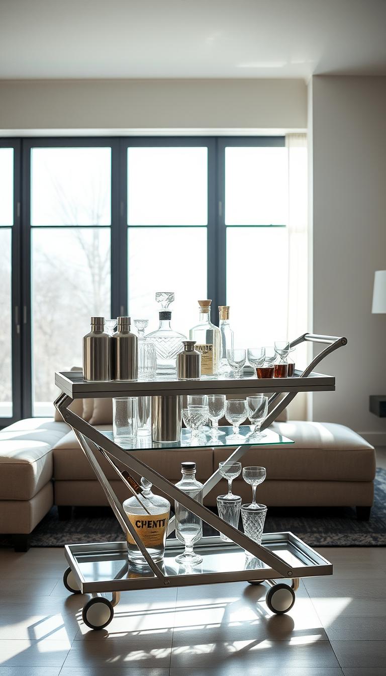A stylish modern design bar cart with sleek chrome or brushed metal frame, glass or marble shelves, and minimal angular silhouette. The cart is positioned in a bright, airy living room with large windows letting in natural light. Sunlight filters through, casting dramatic shadows and highlights on the cart's surfaces. The room has contemporary furnishings in neutral tones, adding to the sophisticated, high-end ambiance. The bar cart is elegantly styled with a selection of crystal decanters, metal cocktail shakers, and artfully arranged glassware, creating an inviting, Instagram-worthy bar scene.