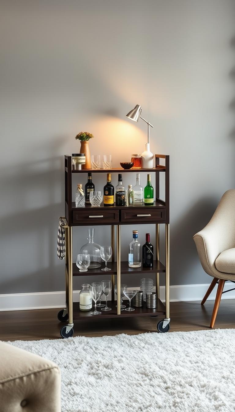 A versatile home bar cart standing in a cozy, modern living room. The cart is made of dark wood with sleek metal accents, featuring multiple shelves and drawers to hold a variety of glassware, bottles, and barware. Soft, warm lighting emanates from a small lamp on the top shelf, casting a gentle glow over the setup. The background showcases a minimalist gray wall, complemented by a plush, neutral-toned area rug and a comfy, mid-century inspired armchair. The overall scene exudes an atmosphere of relaxed sophistication, inviting the viewer to imagine the many ways this versatile bar cart could enhance the ambiance and functionality of a welcoming home environment.