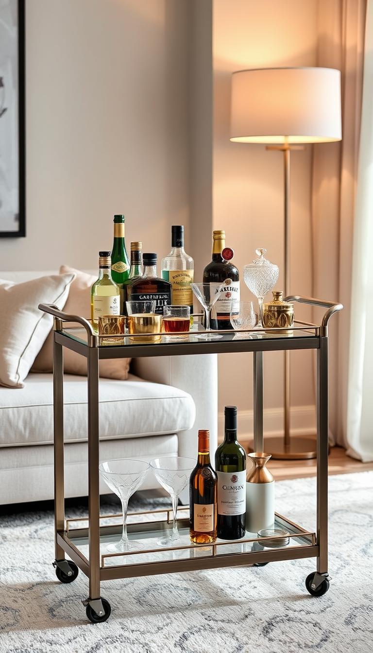 A versatile, modern home bar cart stands in a well-lit, airy living room. The cart's sleek, brushed metal frame supports a tempered glass top, allowing the contents to be clearly displayed. Atop the cart, a selection of premium liquor bottles, glasses, cocktail shakers, and elegant bar accessories are artfully arranged. The cart's lower shelves hold additional glassware, wine bottles, and small decorative elements that complement the room's warm, neutral color palette. Soft, diffused lighting from a nearby floor lamp casts a cozy glow, enhancing the bar cart's sophisticated ambiance. The scene evokes a sense of refined entertaining and relaxation, perfect for seasonal gatherings.