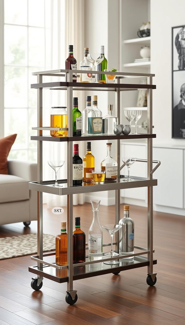 A versatile, modular home bar cart with a sleek, contemporary design. Positioned in a well-lit, airy living room, the cart features a combination of dark wood, brushed metal, and glass shelves, creating a sophisticated, yet functional aesthetic. Bottles, glassware, and cocktail accessories are neatly arranged, ready to serve guests. The cart's flexible layout allows it to be easily moved and adapted to different spaces, making it a stylish and practical addition to any modern home.