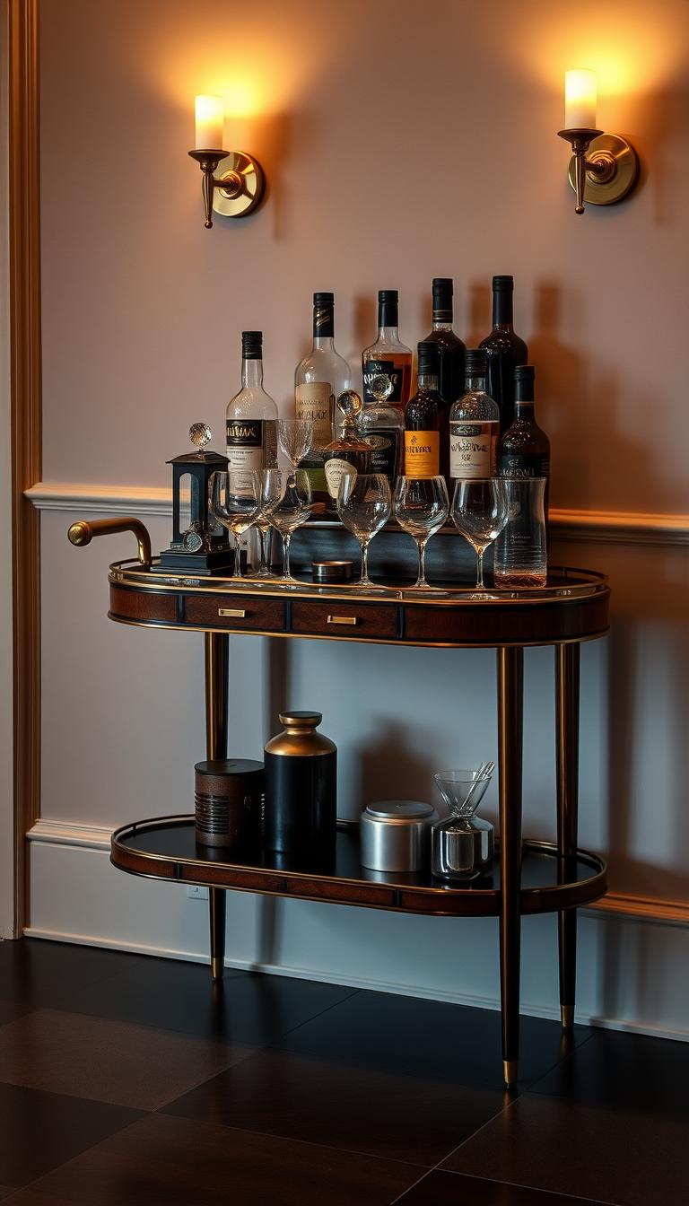An elegant, well-crafted serving cart stands in a refined, softly-lit setting. The cart features a sleek, polished wood surface with intricate detailing, supported by slender, tapered legs. Atop the cart, a selection of fine glassware, liquor bottles, and other bar accoutrements are artfully arranged, creating a visually striking and inviting display. Warm, ambient lighting from sconces casts a gentle glow, accentuating the cart's sophisticated silhouette and the luxurious textures of the materials. The overall composition conveys a sense of timeless elegance and attention to detail, perfectly suited for a stylish bar or lounge setting.
