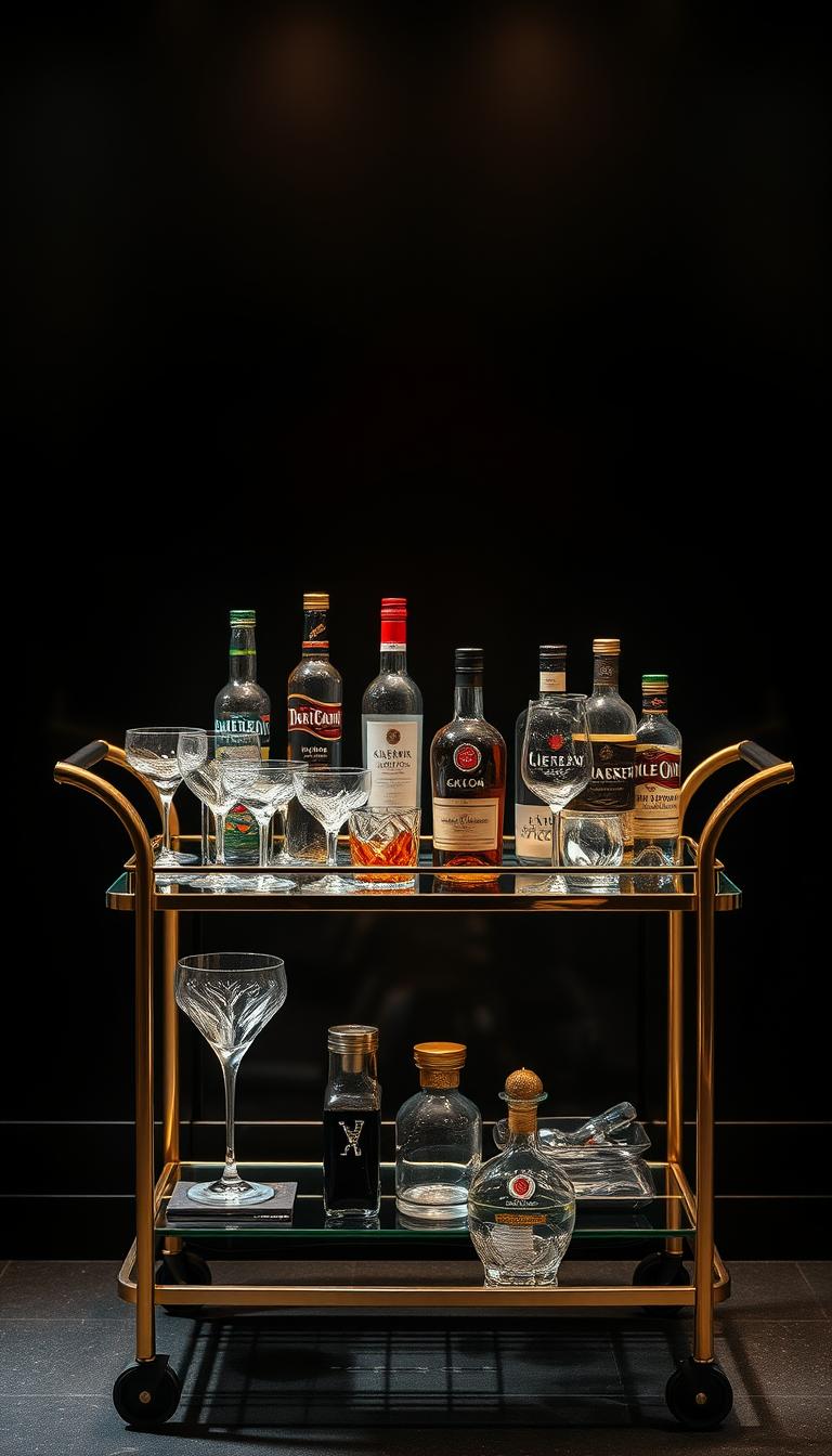 An elegantly organized bar cart with stylish glassware, bottles, and accessories artfully arranged on tempered glass shelves. The cart's sleek metallic frame casts a warm glow from soft, directional lighting that highlights the display. In the background, a high-contrast, moody backdrop of deep tones and shadows sets a sophisticated ambiance, creating a striking focal point for this luxurious home bar setup.